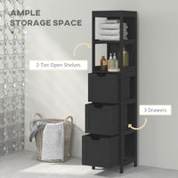 Narrow Bathroom Cabinet with 3 Drawers and 2 Tier Shelf, Tall Cupboard Freestanding Linen Tower, Black