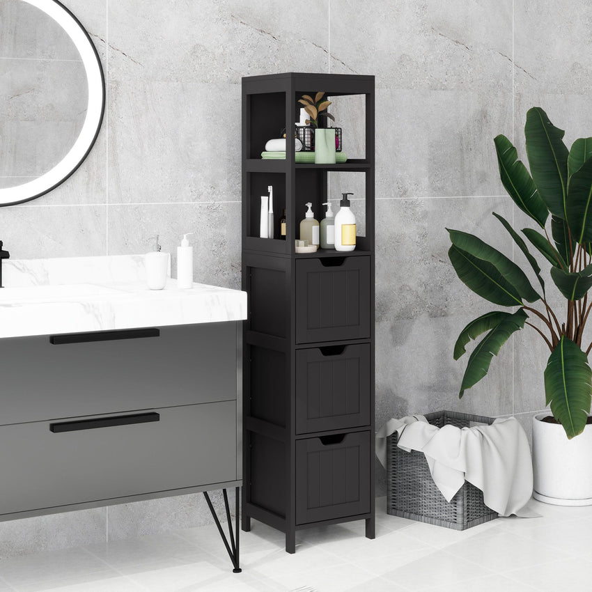 Narrow Bathroom Cabinet with 3 Drawers and 2 Tier Shelf, Tall Cupboard Freestanding Linen Tower, Black