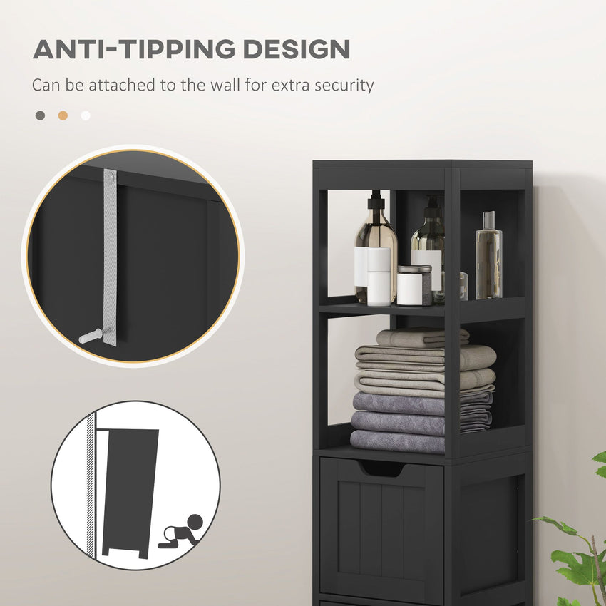 Narrow Bathroom Cabinet with 3 Drawers and 2 Tier Shelf, Tall Cupboard Freestanding Linen Tower, Black