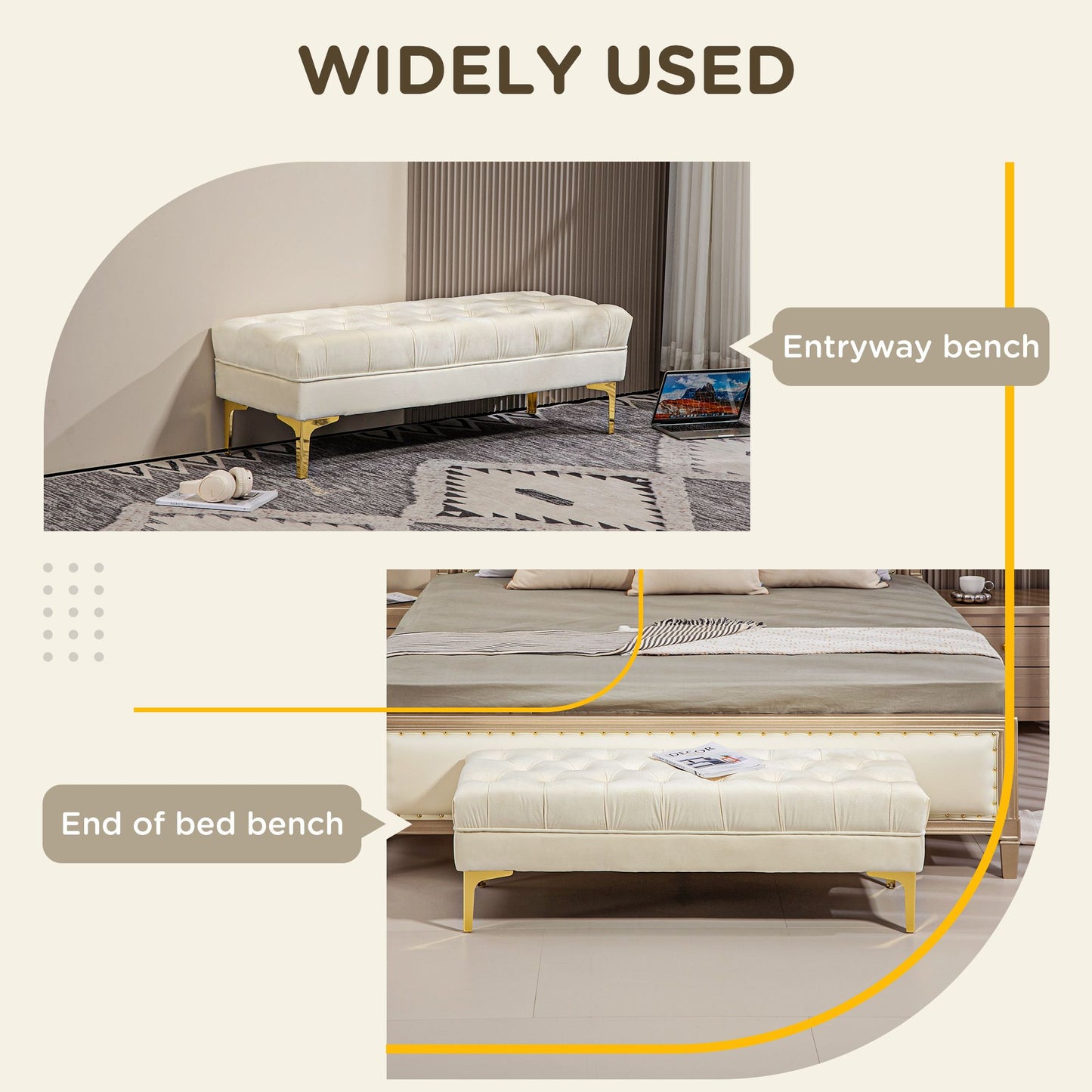 End of Bed Bench, Upholstered Bench, Entryway Shoe Bench with Button Tufted for Living Room, Bedroom, Cream White