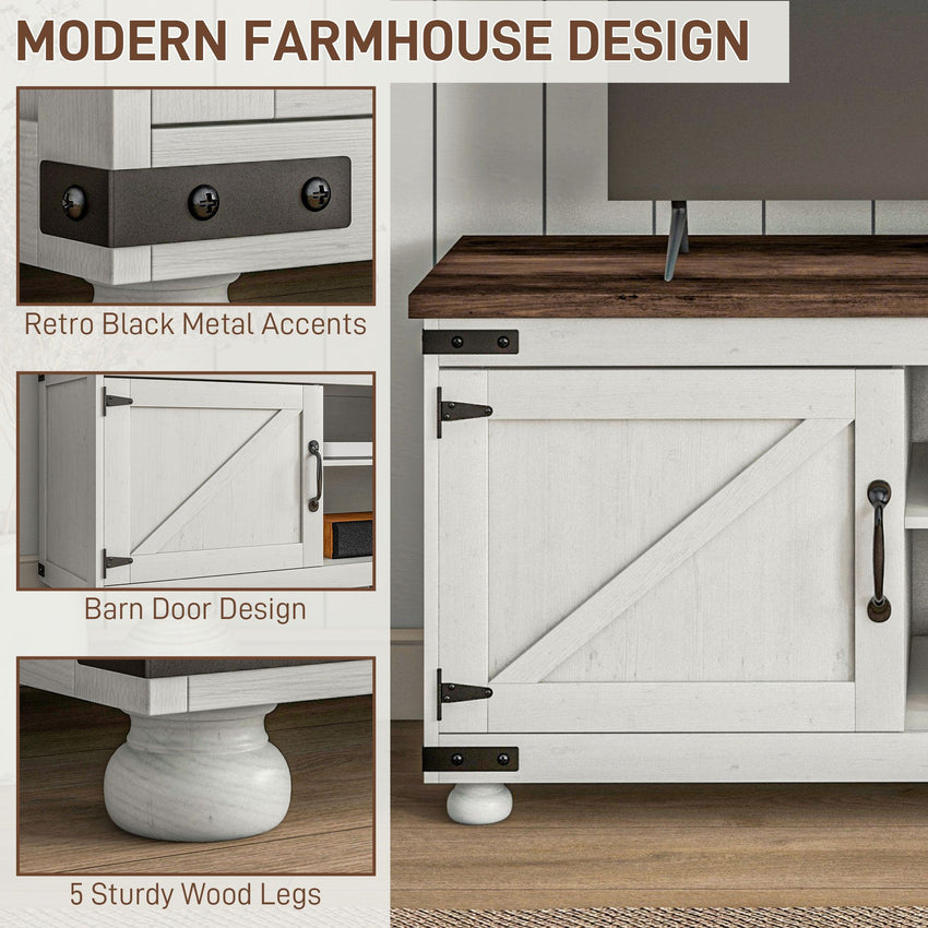 Farmhouse TV Stand for up to 65" TV, TV Cabinet with Barn Doors, Cable Management for Living Room, Distressed White