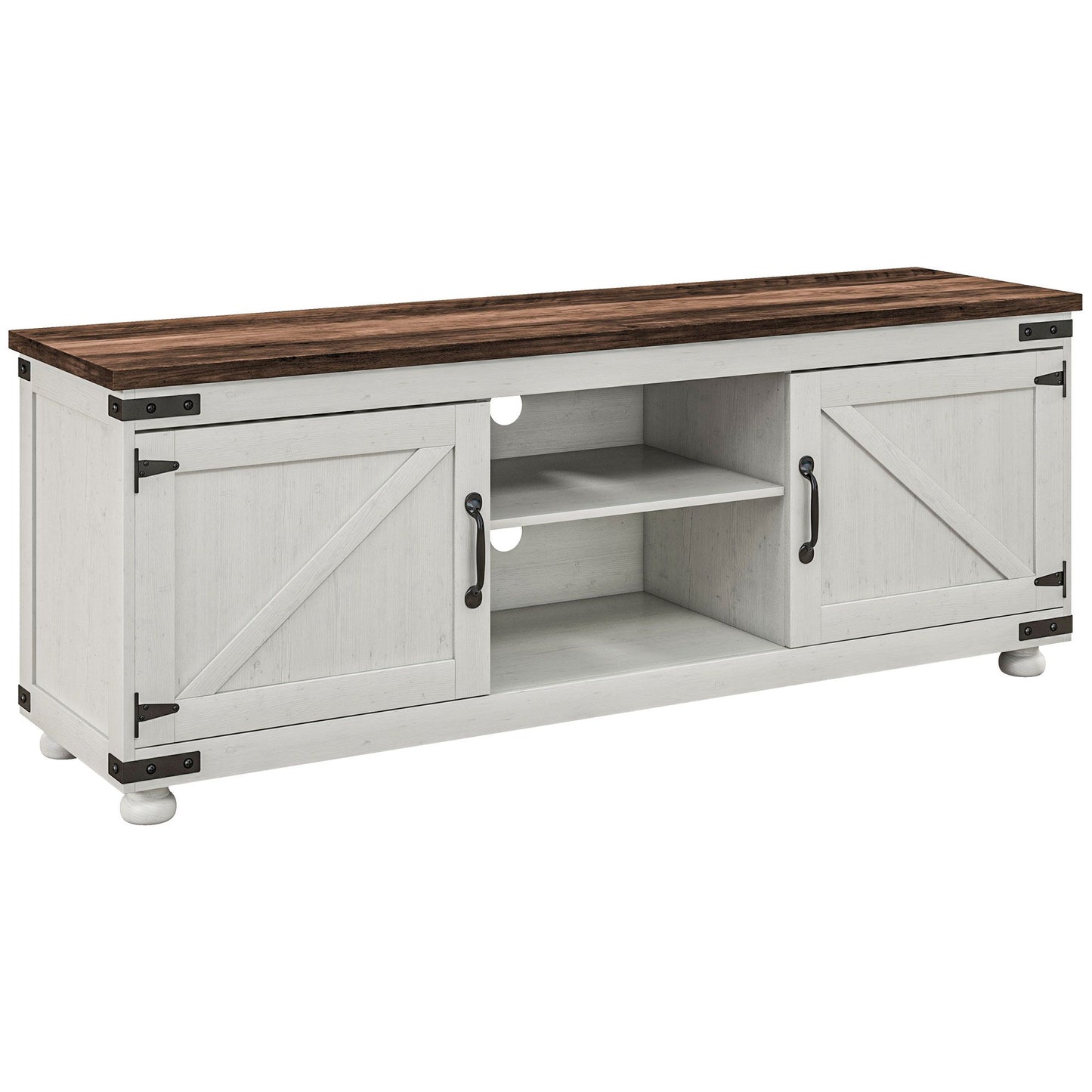 Farmhouse TV Stand for up to 65" TV, TV Cabinet with Barn Doors, Cable Management for Living Room, Distressed White