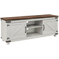 Farmhouse TV Stand for up to 65" TV, TV Cabinet with Barn Doors, Cable Management for Living Room, Distressed White