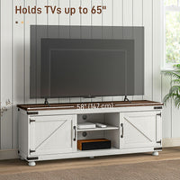 Farmhouse TV Stand for up to 65" TV, TV Cabinet with Barn Doors, Cable Management for Living Room, Distressed White