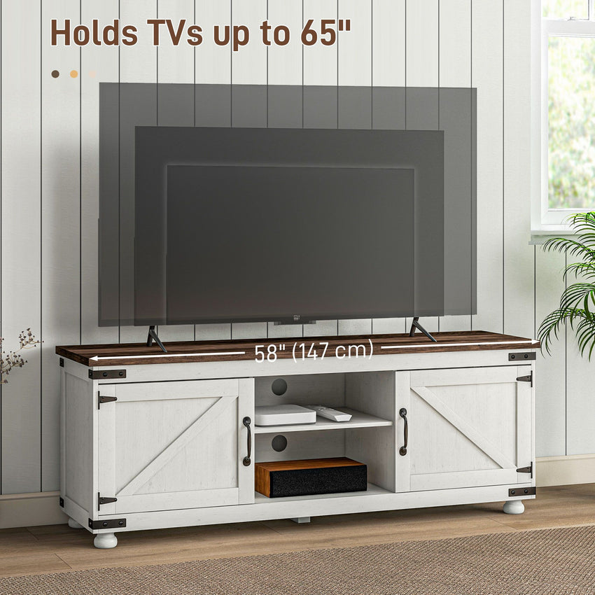 Farmhouse TV Stand for up to 65" TV, TV Cabinet with Barn Doors, Cable Management for Living Room, Distressed White
