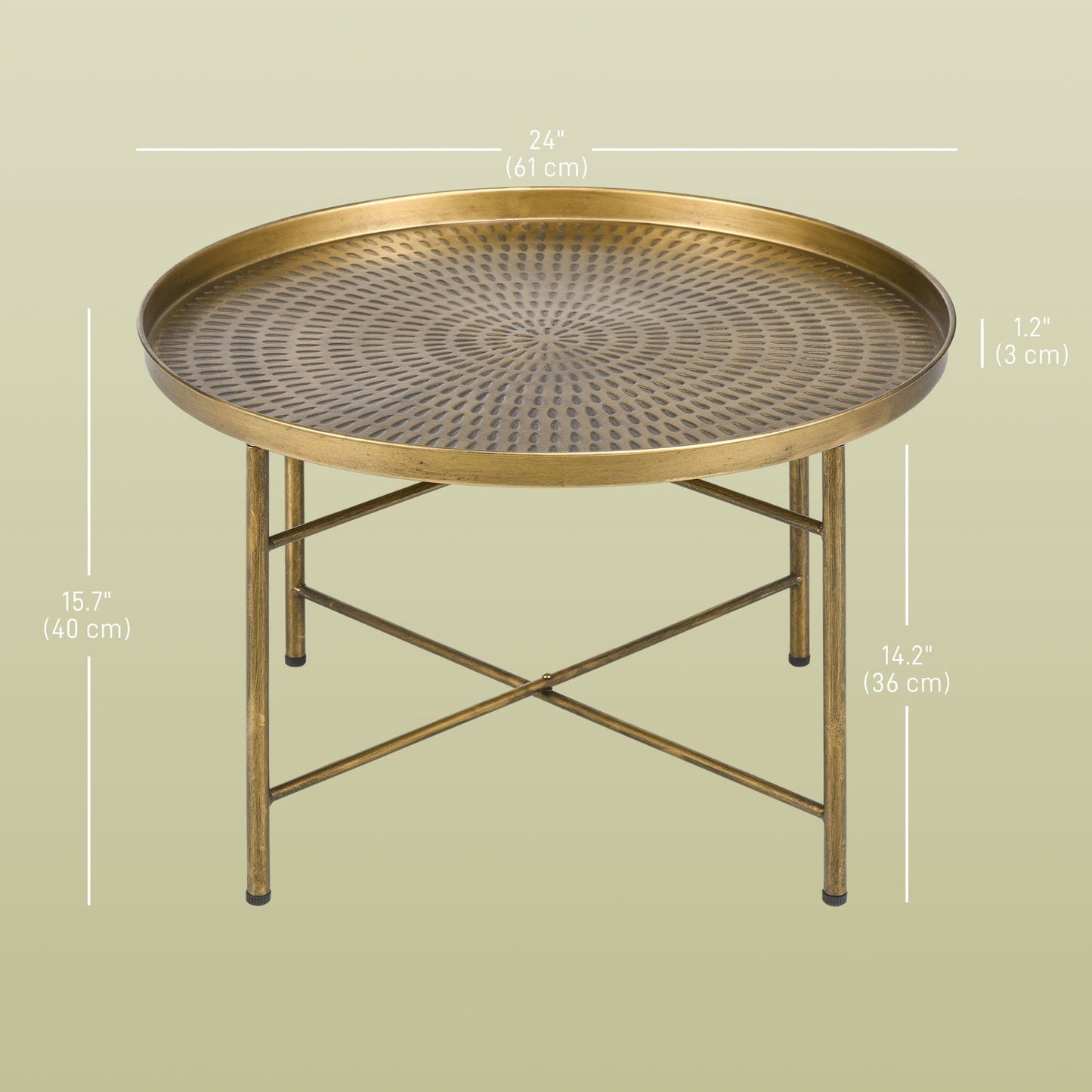 Vintage Coffee Table for Living Room, 24" Round Center Table with Hammered Tray Top and Metal Frame, Gold
