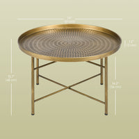Vintage Coffee Table for Living Room, 24" Round Center Table with Hammered Tray Top and Metal Frame, Gold