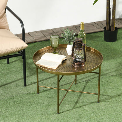 Vintage Coffee Table for Living Room, 24" Round Center Table with Hammered Tray Top and Metal Frame, Gold