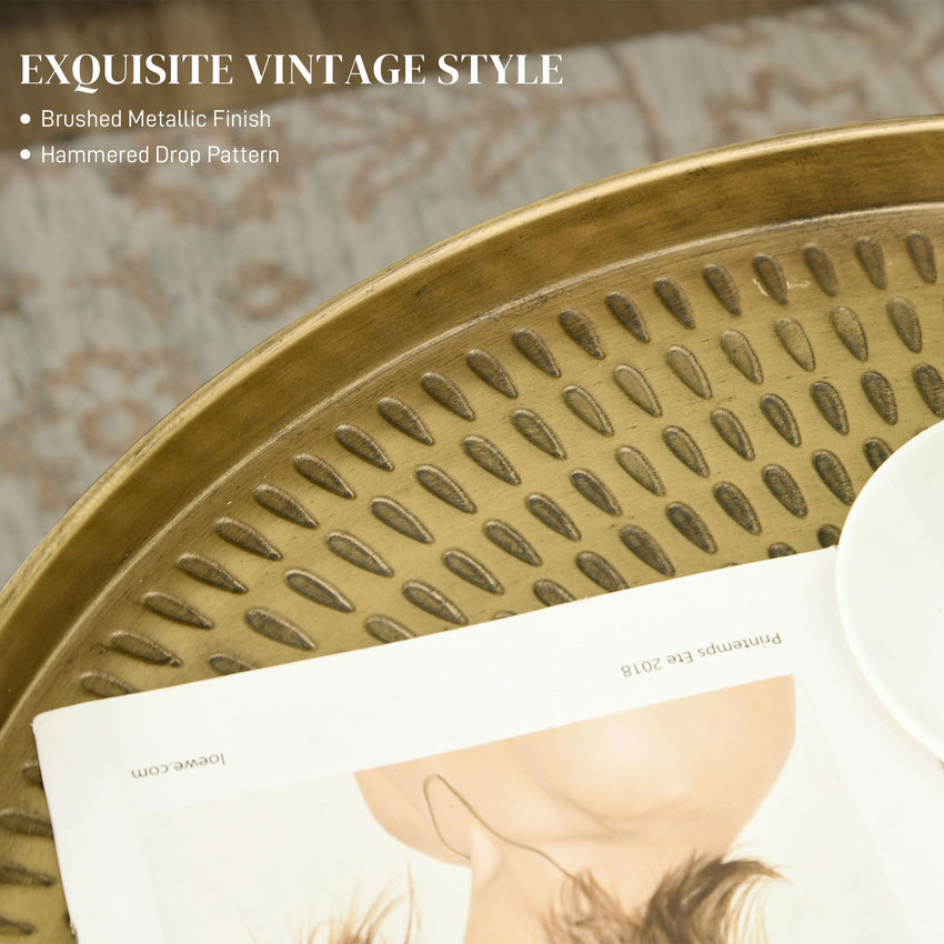 Vintage Coffee Table for Living Room, 24" Round Center Table with Hammered Tray Top and Metal Frame, Gold