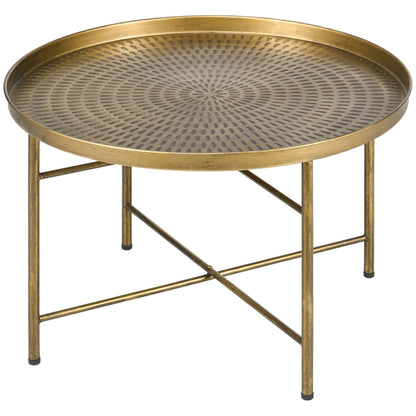 Vintage Coffee Table for Living Room, 24" Round Center Table with Hammered Tray Top and Metal Frame, Gold