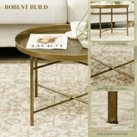 Vintage Coffee Table for Living Room, 24" Round Center Table with Hammered Tray Top and Metal Frame, Gold