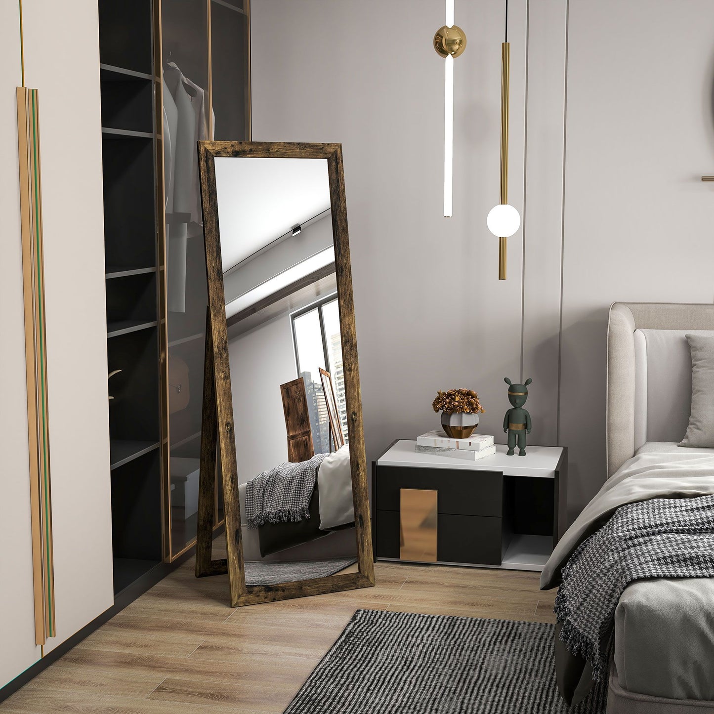 58" x 20" Floor Standing Mirror, Full Body Mirror for Bedroom, Living Room, Rustic Brown