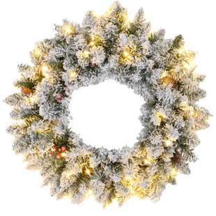 24" Christmas Front Door Wreath with Lights Flocked Christmas Wreath with Pine Cones and Berries for Windows Green