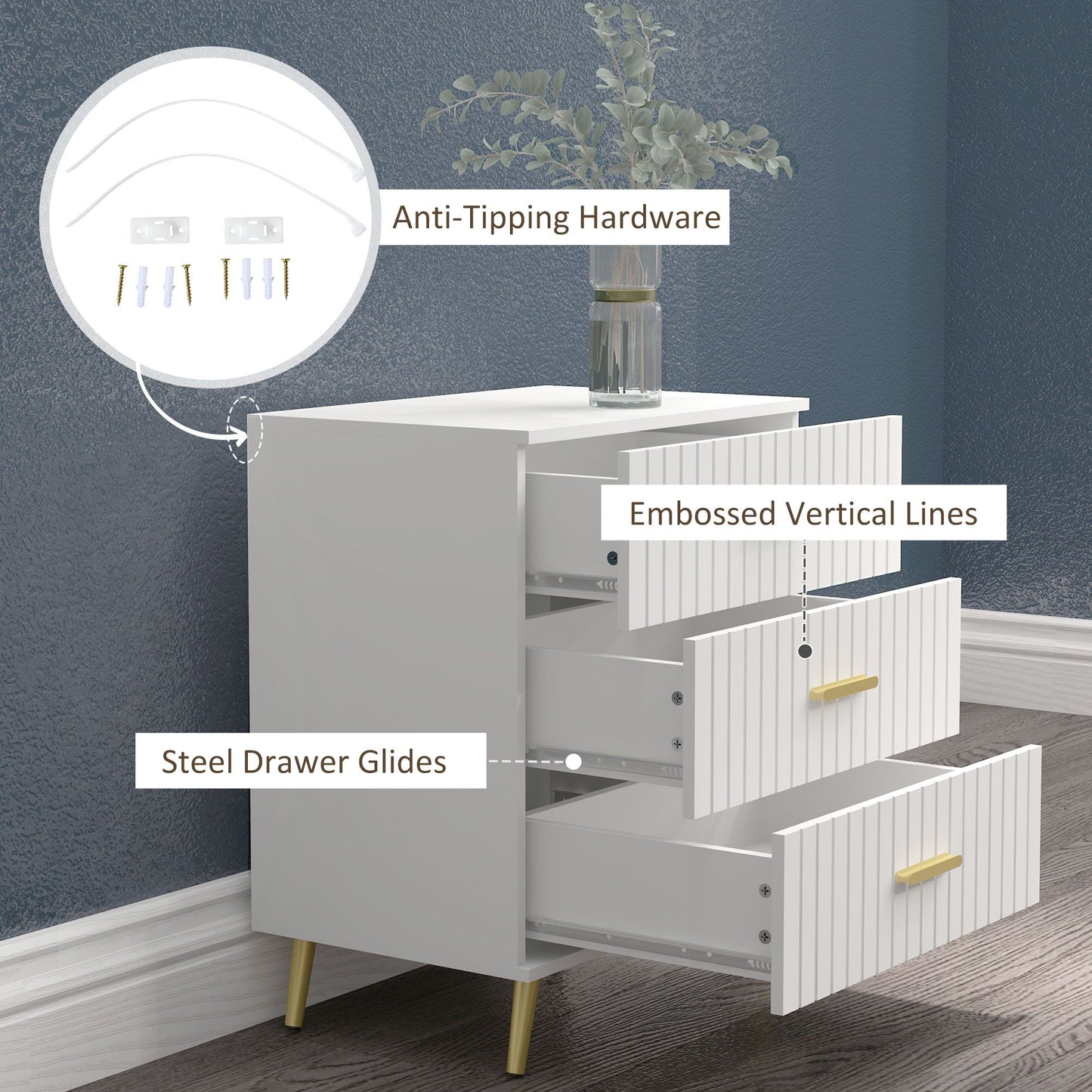 3 Drawer Cabinet, Drawer Chest for Bedroom, Chest of Drawers with Aluminium Legs and Gold Handles, White