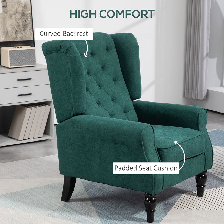 Fabric Accent Chair, Button Tufted Armchair, Armchair with Wood Legs, Thick Padding for Bedroom Dark Green