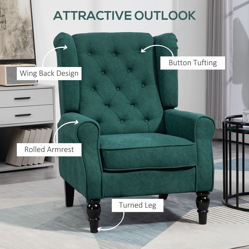 Fabric Accent Chair, Button Tufted Armchair, Armchair with Wood Legs, Thick Padding for Bedroom Dark Green