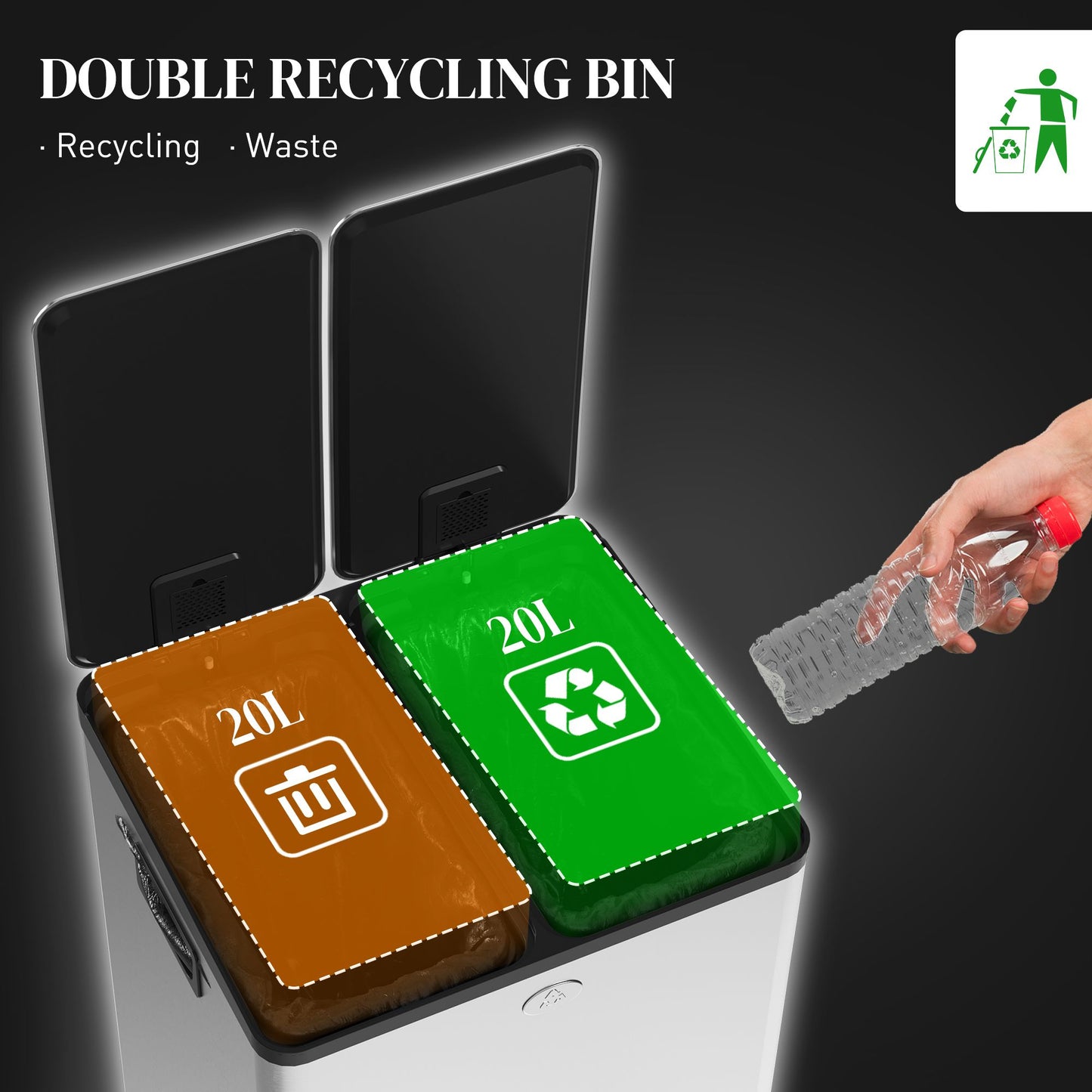 Dual Garbage Bin, Soft-Close Trash Can with Foot Pedal, 2 x 20 Liter Garbage Can with Removable Inner Buckets, Silver