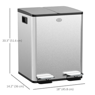 Dual Garbage Bin, Soft-Close Trash Can with Foot Pedal, 2 x 20 Liter Garbage Can with Removable Inner Buckets, Silver