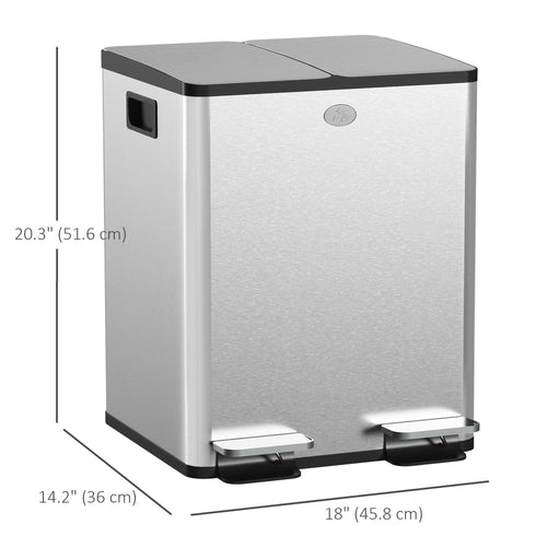 Dual Garbage Bin, Soft-Close Trash Can with Foot Pedal, 2 x 20 Liter Garbage Can with Removable Inner Buckets, Silver