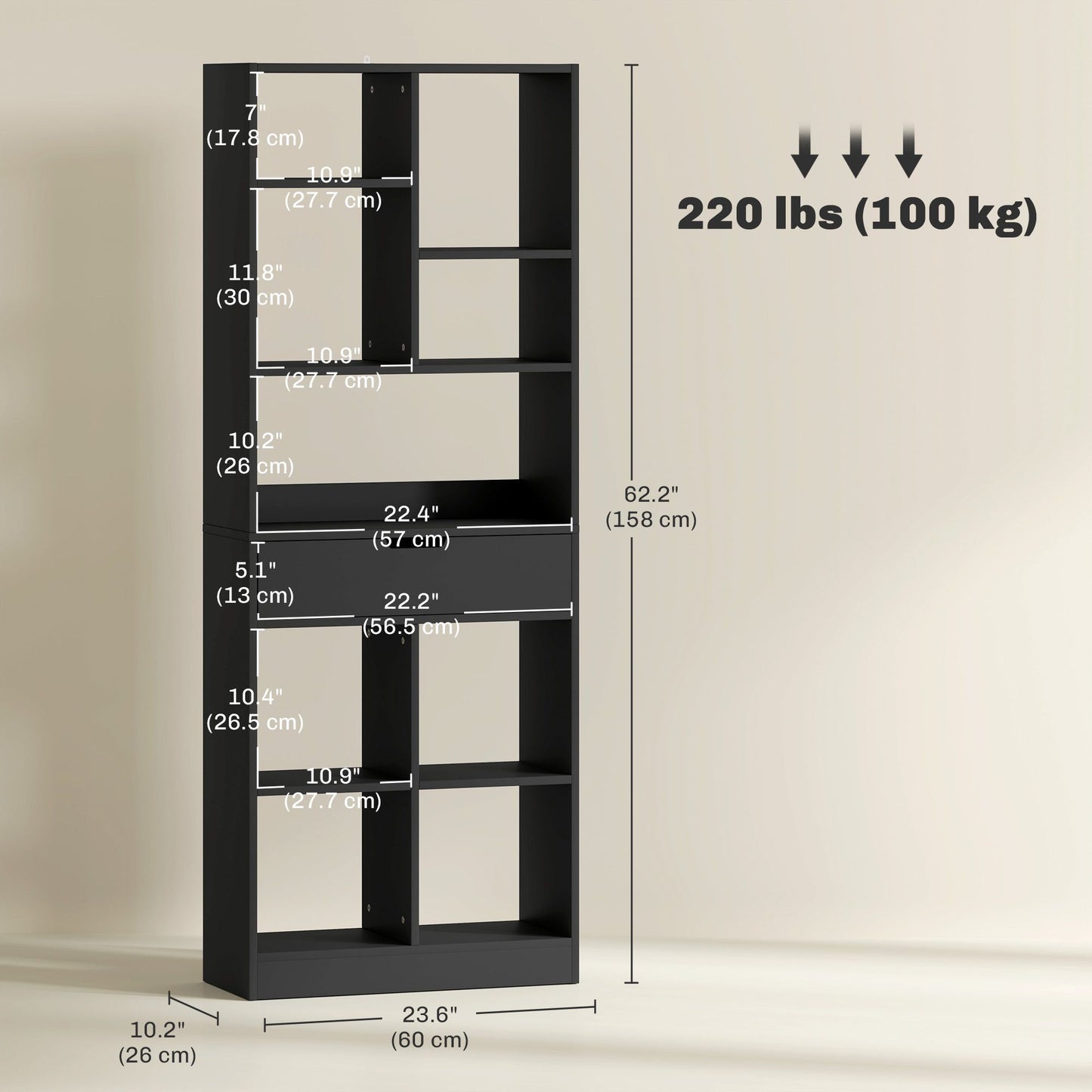 Tall Bookshelf with Drawer, Freestanding Bookcase for Bedroom, Living Room, Home Office, Black
