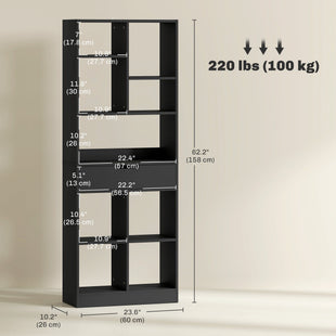 Tall Bookshelf with Drawer, Freestanding Bookcase for Bedroom, Living Room, Home Office, Black