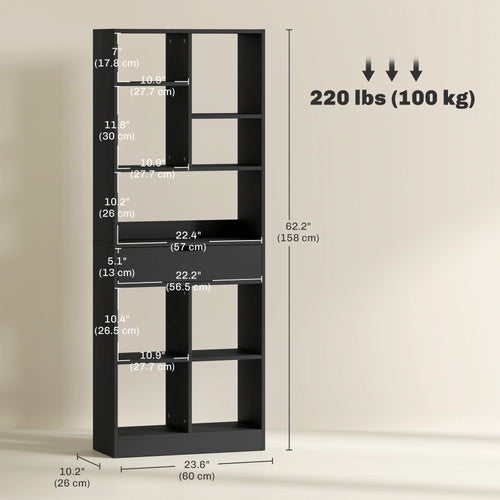 Tall Bookshelf with Drawer, Freestanding Bookcase for Bedroom, Living Room, Home Office, Black