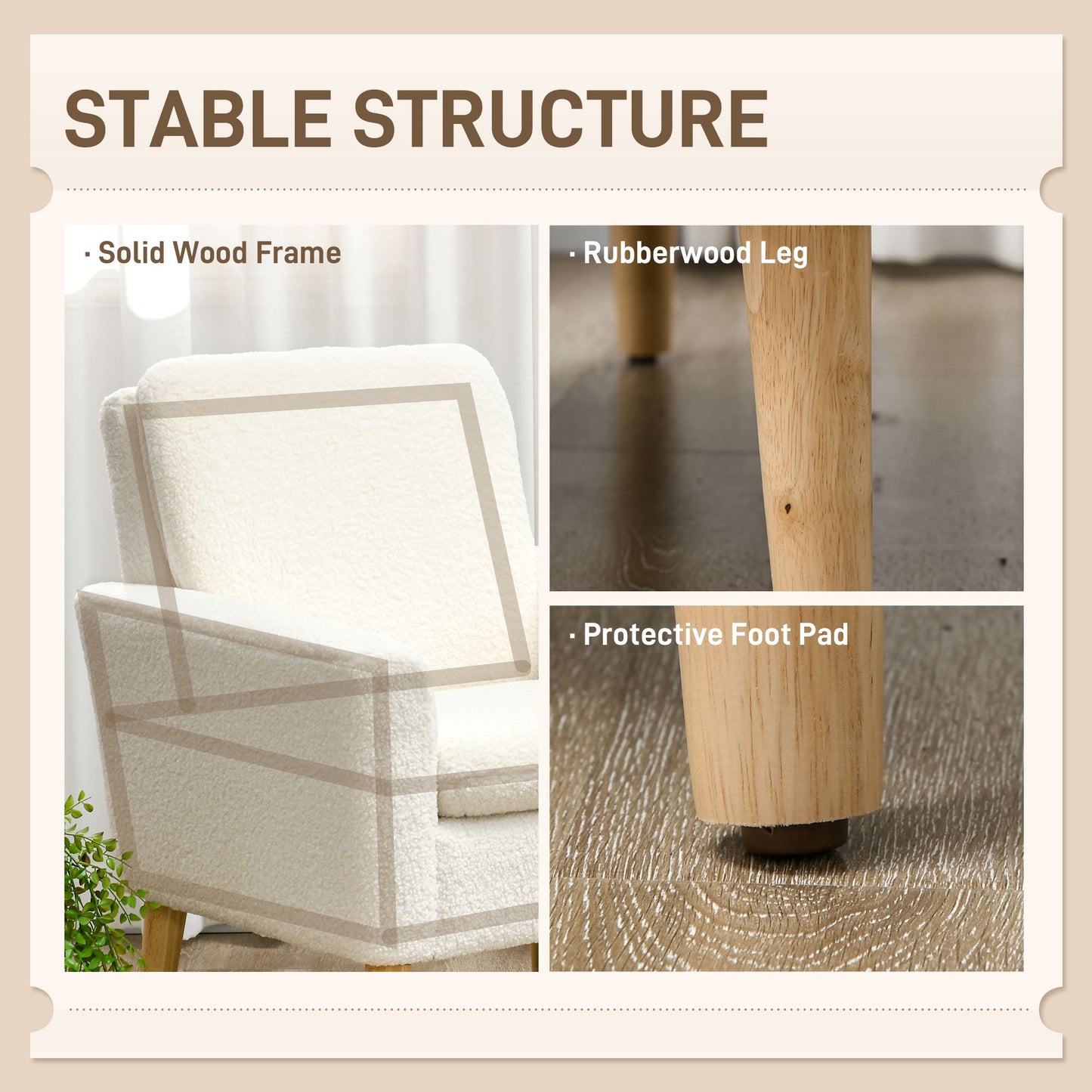 Fabric Accent Chair, Modern Upholstered Armchair with Wood Legs and Wide Padded Seat, Cream White