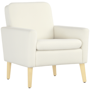 Fabric Accent Chair, Modern Upholstered Armchair with Wood Legs and Wide Padded Seat, Cream White