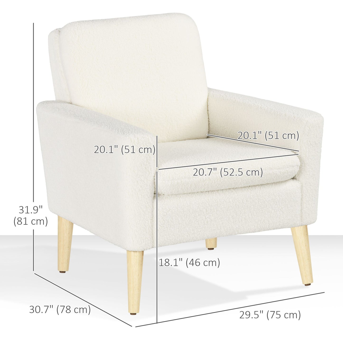 Fabric Accent Chair, Modern Upholstered Armchair with Wood Legs and Wide Padded Seat, Cream White