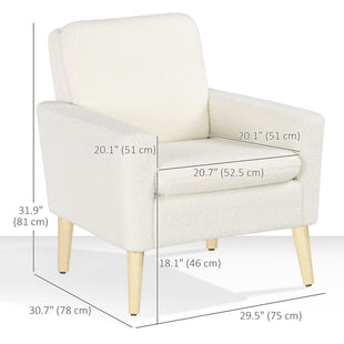 Fabric Accent Chair, Modern Upholstered Armchair with Wood Legs and Wide Padded Seat, Cream White