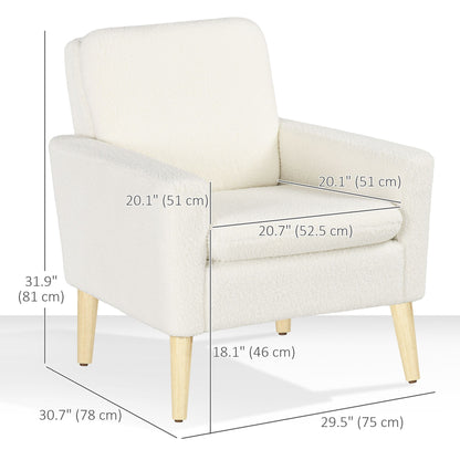 Fabric Accent Chair, Modern Upholstered Armchair with Wood Legs and Wide Padded Seat, Cream White