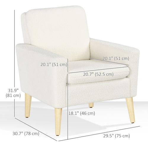 Fabric Accent Chair, Modern Upholstered Armchair with Wood Legs and Wide Padded Seat, Cream White