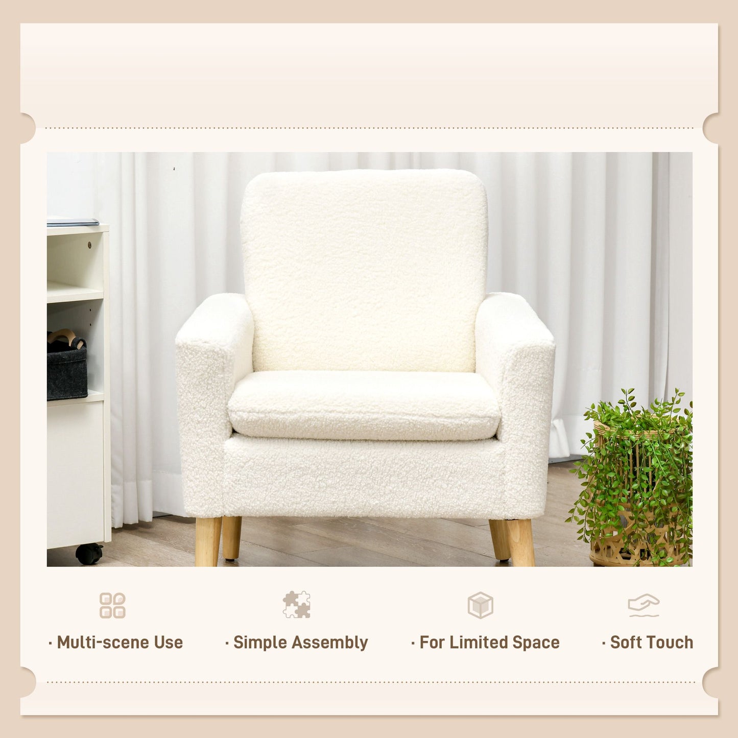 Fabric Accent Chair, Modern Upholstered Armchair with Wood Legs and Wide Padded Seat, Cream White