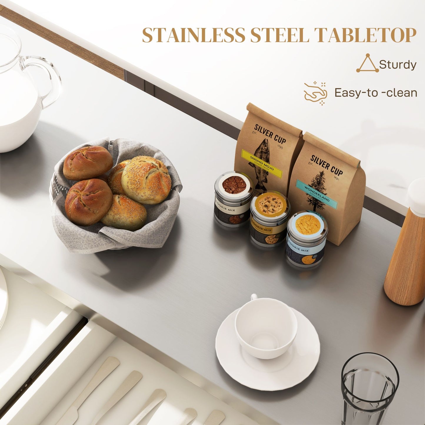 Rolling Kitchen Island with Storage and Stainless Steel Top, Kitchen Trolley with Drawers, Cabinets, Towel Rack, Cream