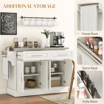 Rolling Kitchen Island with Storage and Stainless Steel Top, Kitchen Trolley with Drawers, Cabinets, Towel Rack, Cream