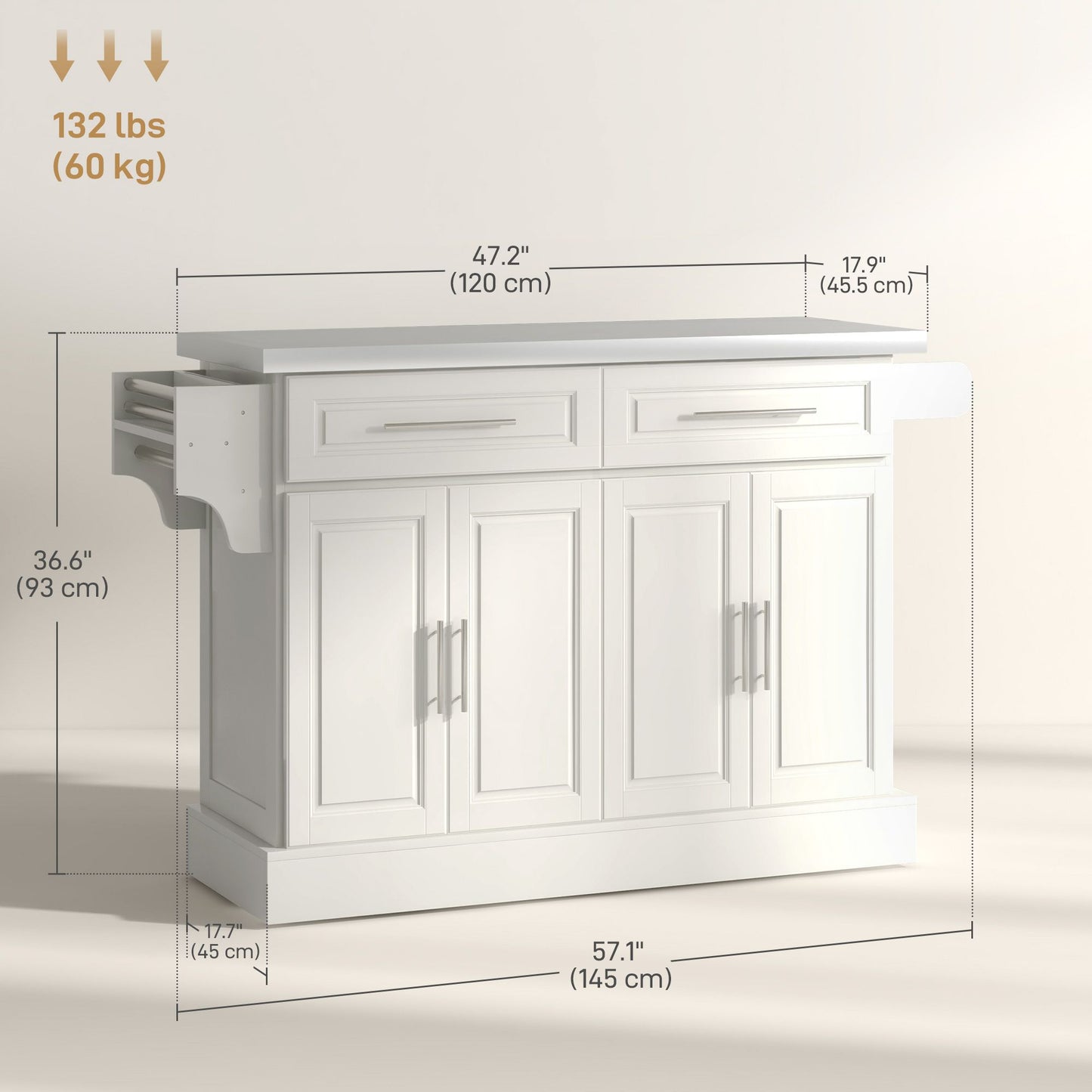 Rolling Kitchen Island with Storage and Stainless Steel Top, Kitchen Trolley with Drawers, Cabinets, Towel Rack, Cream
