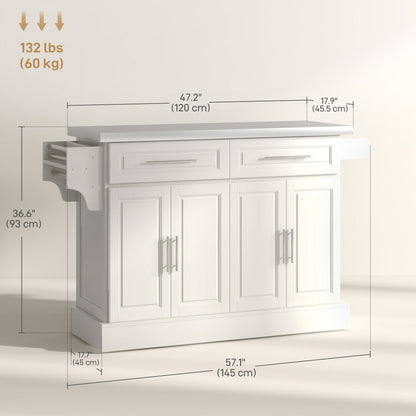 Rolling Kitchen Island with Storage and Stainless Steel Top, Kitchen Trolley with Drawers, Cabinets, Towel Rack, Cream