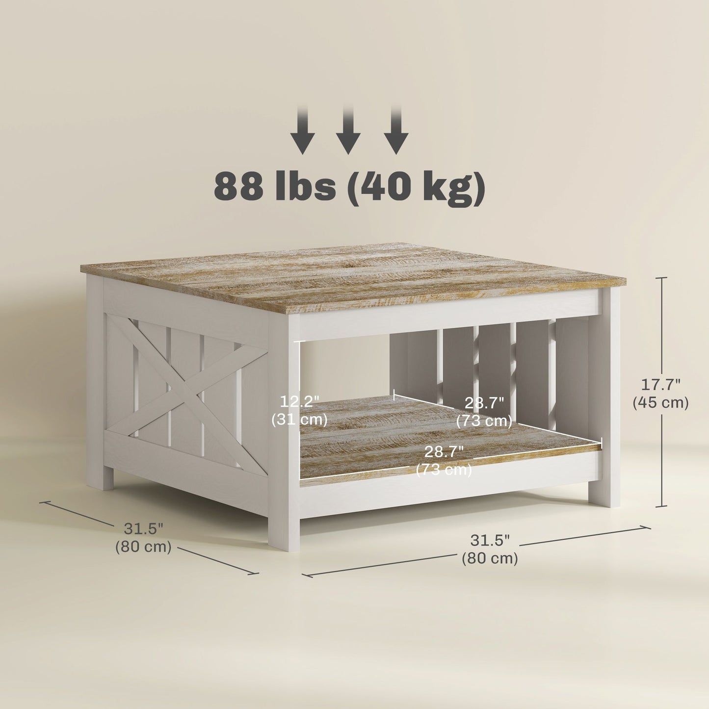 31.5" Square Coffee Table, Farmhouse 2-Tier Center Table for Living Room, Distressed Oak and Brown