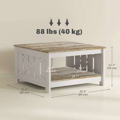 31.5" Square Coffee Table, Farmhouse 2-Tier Center Table for Living Room, Distressed Oak and Brown