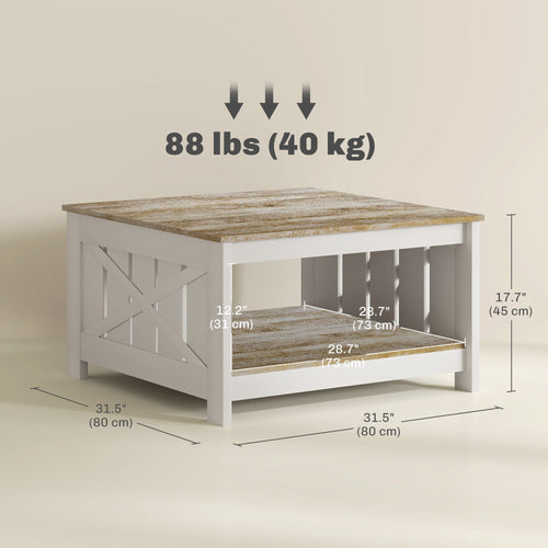 31.5" Square Coffee Table, Farmhouse 2-Tier Center Table for Living Room, Distressed Oak and Brown