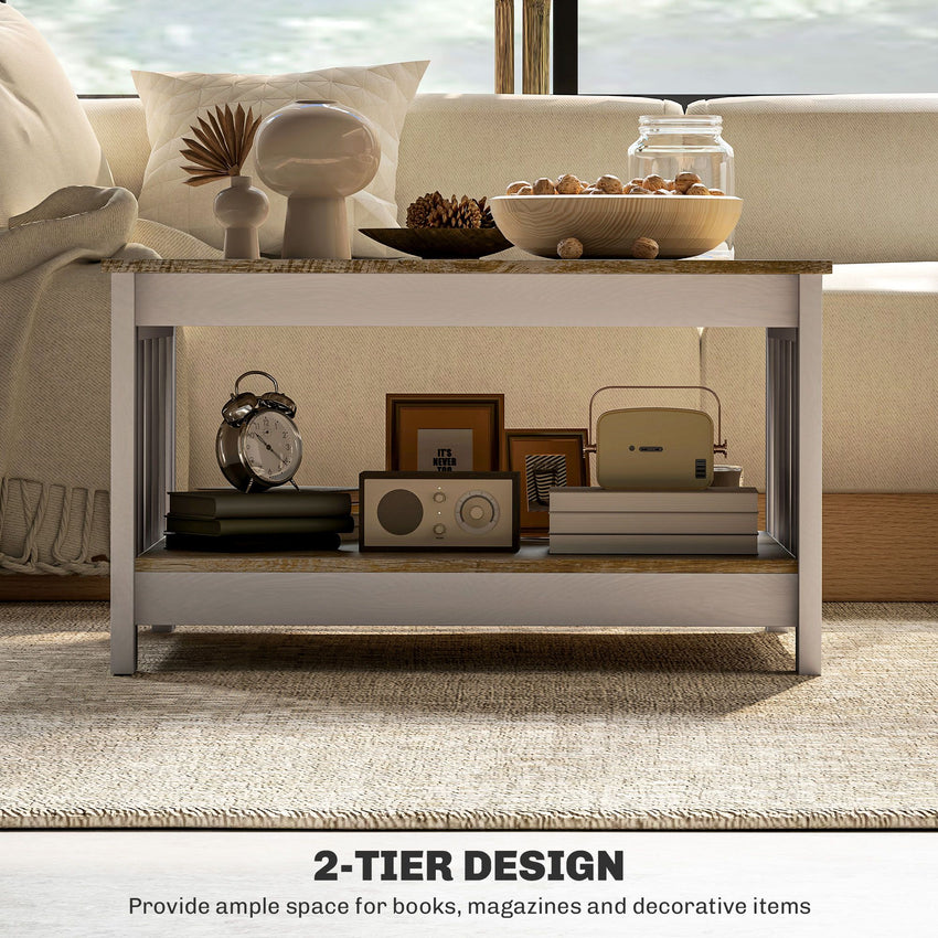 31.5" Square Coffee Table, Farmhouse 2-Tier Center Table for Living Room, Distressed Oak and Brown