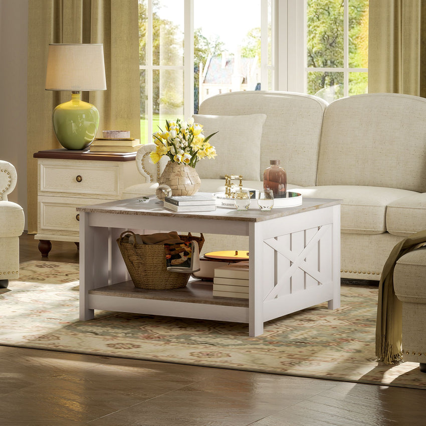31.5" Square Coffee Table, Farmhouse 2-Tier Center Table for Living Room, Distressed Oak and Brown