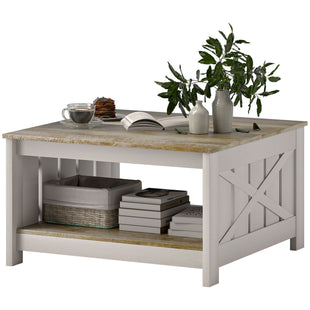 31.5" Square Coffee Table, Farmhouse 2-Tier Center Table for Living Room, Distressed Oak and Brown