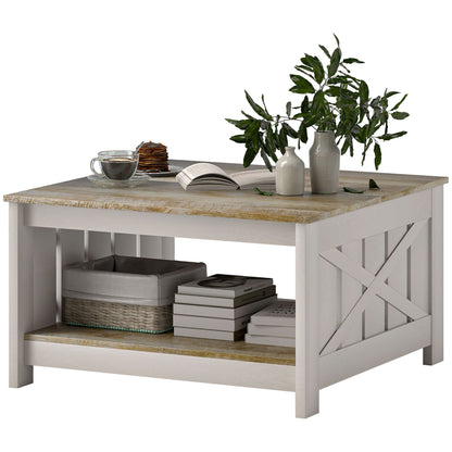 31.5" Square Coffee Table, Farmhouse 2-Tier Center Table for Living Room, Distressed Oak and Brown