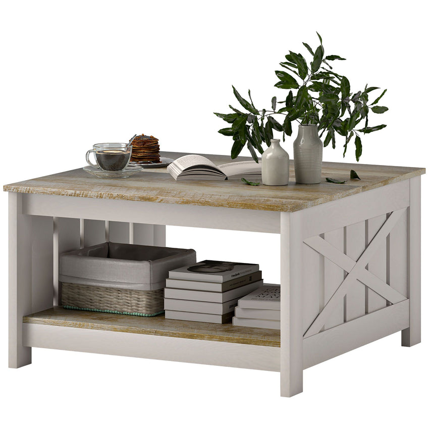 31.5" Square Coffee Table, Farmhouse 2-Tier Center Table for Living Room, Distressed Oak and Brown