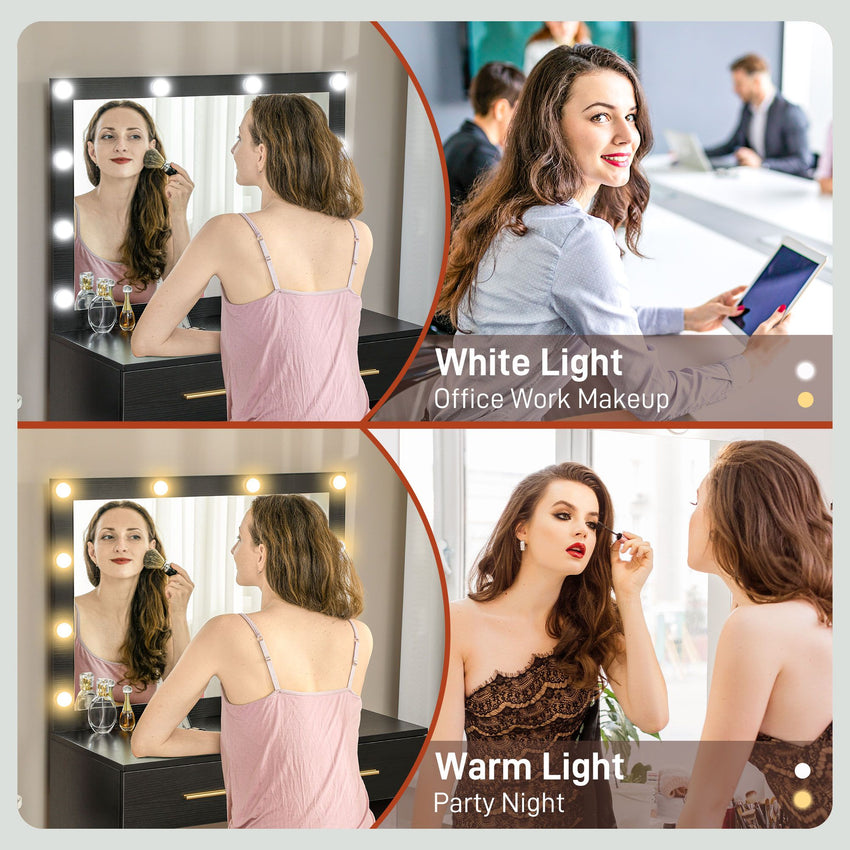 Makeup Vanity Desk Set with Stool, Dressing Table with LED Lighting Mirror, Drawers, for Bedroom, Black