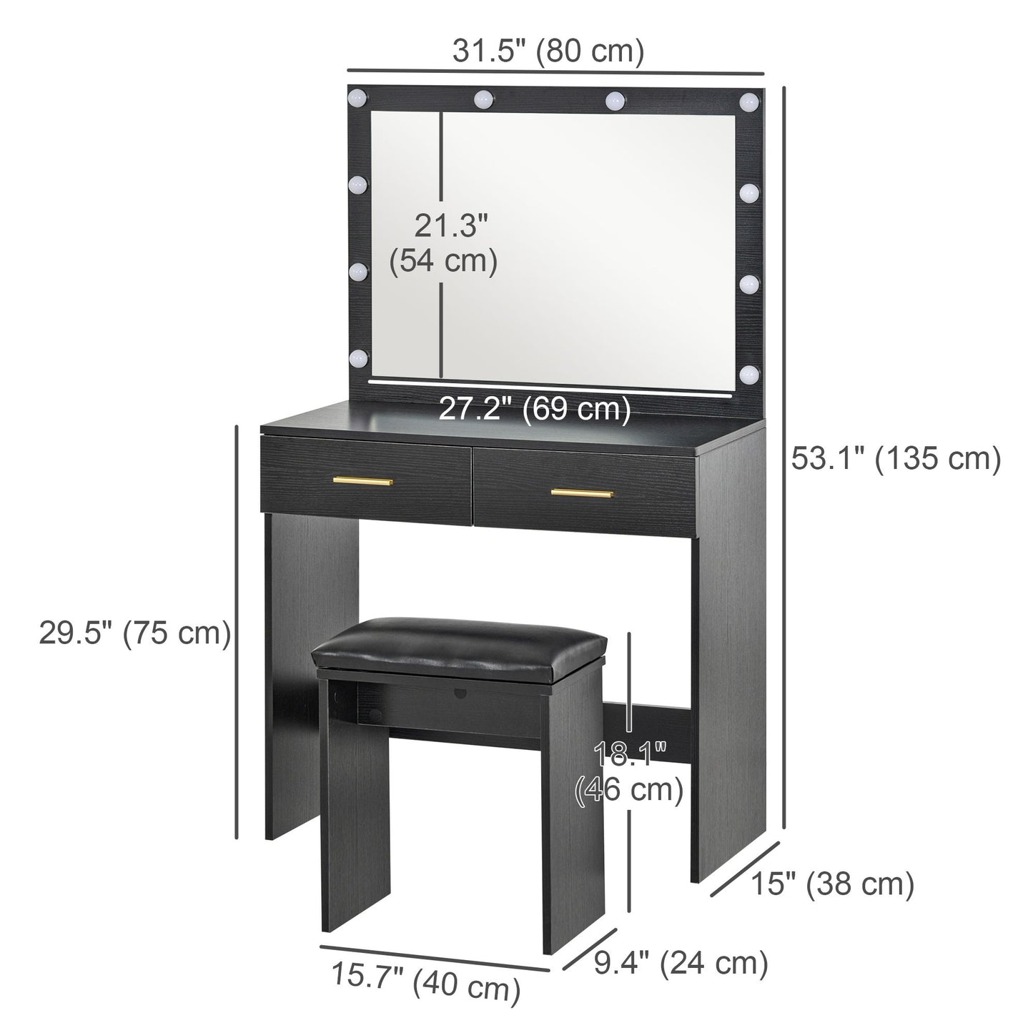 Makeup Vanity Desk Set with Stool, Dressing Table with LED Lighting Mirror, Drawers, for Bedroom, Black
