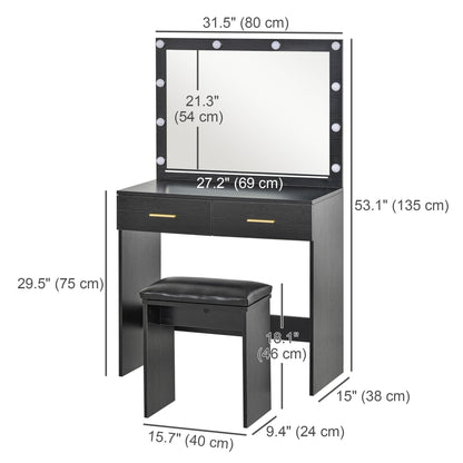 Makeup Vanity Desk Set with Stool, Dressing Table with LED Lighting Mirror, Drawers, for Bedroom, Black