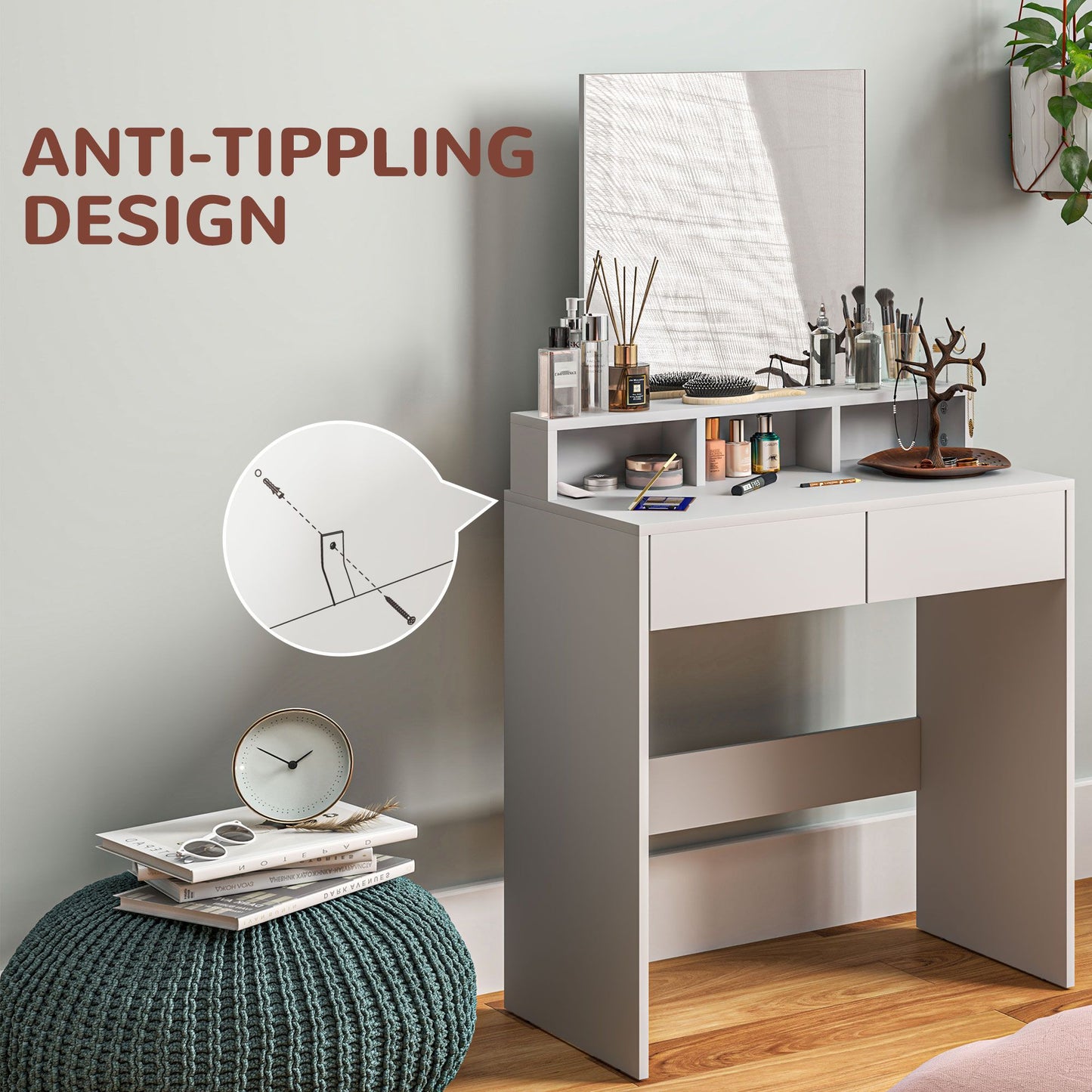 Makeup Vanity Desk with Mirror, for Bedroom, Modern Dressing Table with Drawers, Compartments, White
