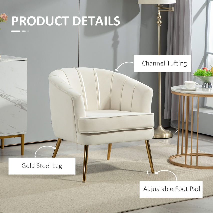 Fabric Armchair, Modern Accent Chair with Gold Metal Legs for Living Room, Bedroom, Home Office, Cream White